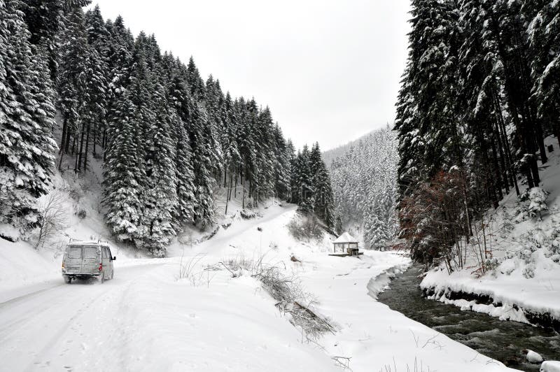 Strada di inverno nel lato del paese con gli abeti immagini stock libere da diritti Strada di inverno nel lato del paese con gli abeti immagini stock libere da diritti
