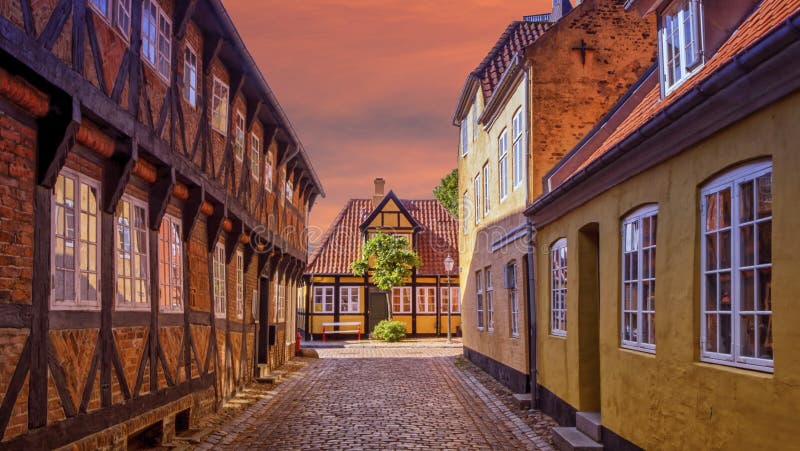 Strada e case nella città di Ribe, Danimarca