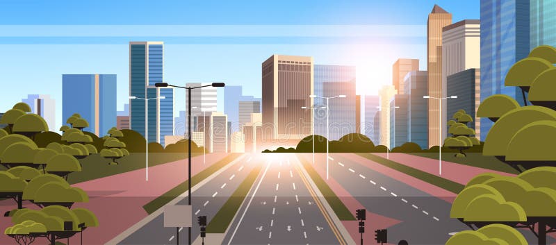Strada stradale asfaltata con frecce segnaletiche città skyline moderni grattacieli paesaggistici sfondo solare