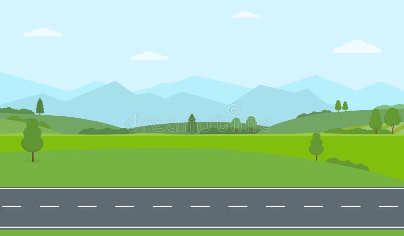 Straight empty road through the countryside. Green hills, blue sky, meadow and mountains. Summer landscape vector illustration. Straight empty road through the countryside. Green hills, blue sky, meadow and mountains. Summer landscape vector illustration.