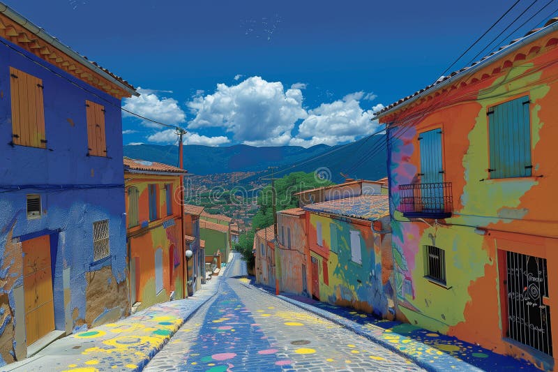 Stradă colorată într-un sat european royalty free illustration