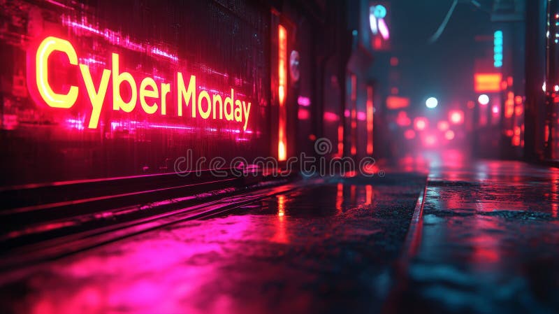 Stradă neonlit care prezintă promovări de luni cibernetice pe timp de noapte într-un oraș cu reflecții aprinse stock photo