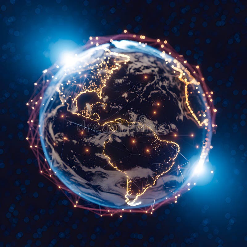 Strahlende 3D-Erde mit leuchtendem Netz, das die globale Konnektivität aus dem Weltraum symbolisiert vektor abbildung