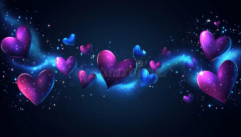 Strahlende violette und blaue Herzen auf glitzerndem Hintergrund. Valentinstag Liebesromane Konzept generiert durch ai