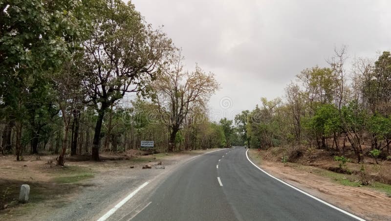 Straight long road with trees & milestone