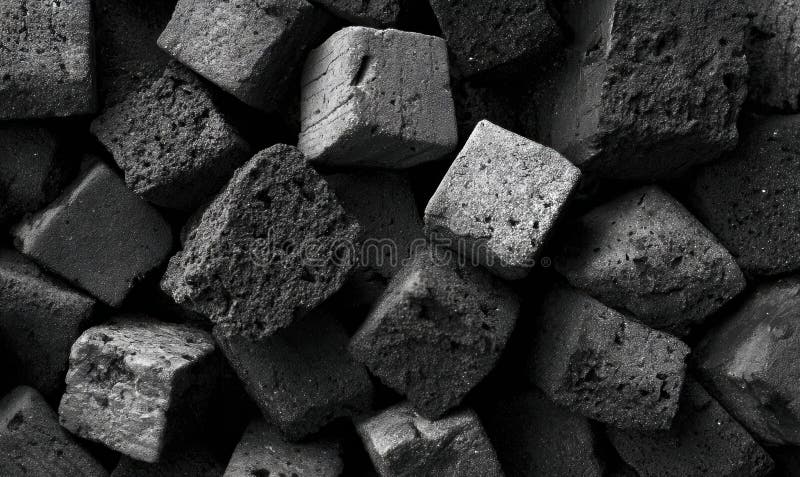 Straight on texture of compact charcoal pieces tightly arranged matte black porous surface stock afbeelding