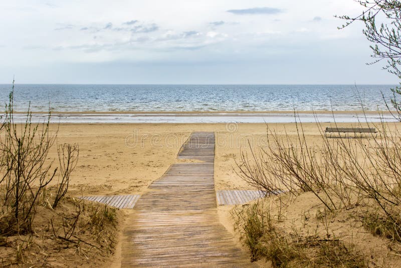 Strand för baltiskt hav med trävandringsledet och sand royaltyfria foton
