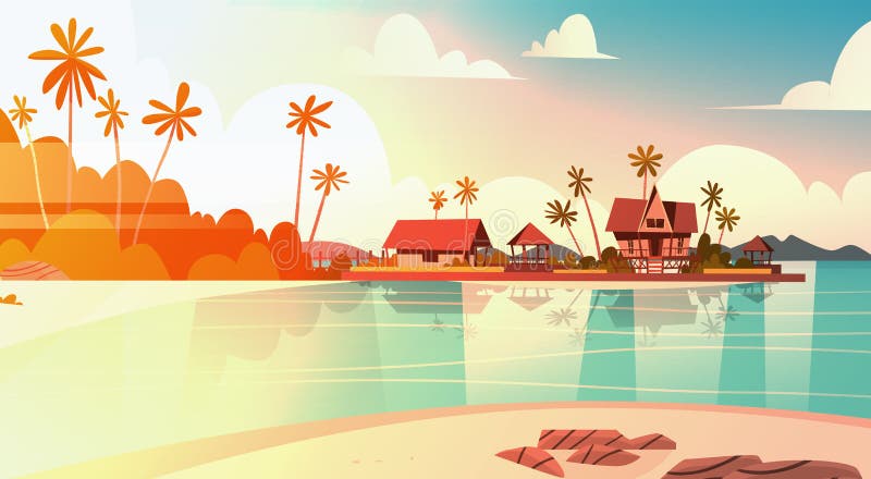 Strand för havskust med begrepp för semester för sommar för landskap för sjösida för solnedgång för villahotell härligt royaltyfri illustrationer