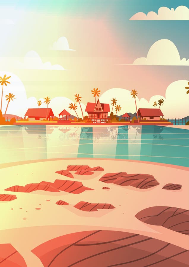 Strand för havskust med begrepp för semester för sommar för landskap för sjösida för solnedgång för villahotell härligt stock illustrationer