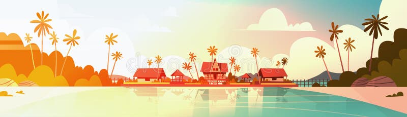 Strand för havskust med begrepp för semester för sommar för landskap för sjösida för solnedgång för villahotell härligt stock illustrationer
