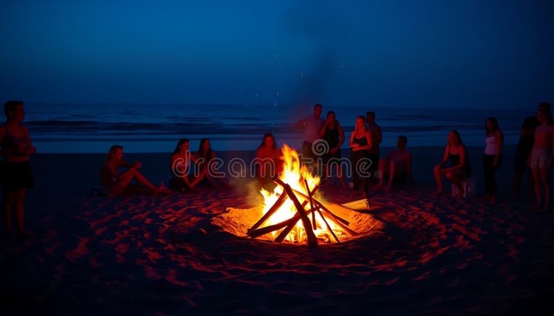 Strandfeuer am nächtlichen Lagerfeuer durch Meer entspannende abendliche Strand vibes Generative AI lizenzfreie abbildung