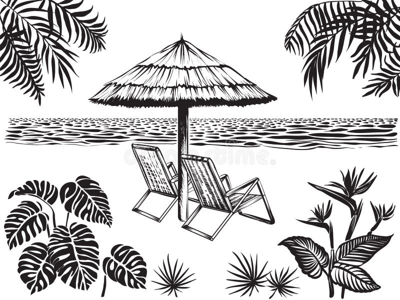 Strandlandschafts-Landschaftsansicht mit tropischen Blättern Regenschirm und zwei Stühle, Vektorskizze stock abbildung Strandlandschafts-Landschaftsansicht mit tropischen Blättern Regenschirm und zwei Stühle, Vektorskizze stock abbildung