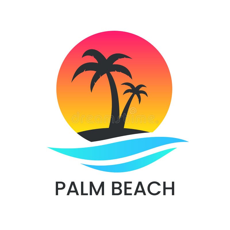 Strandsolnedgånglogo på den vita bakgrunden Palmträdkontur och blå våg Semesterlogotyp Mall för loppbyrå stock illustrationer Strandsolnedgånglogo på den vita bakgrunden Palmträdkontur och blå våg Semesterlogotyp Mall för loppbyrå stock illustrationer