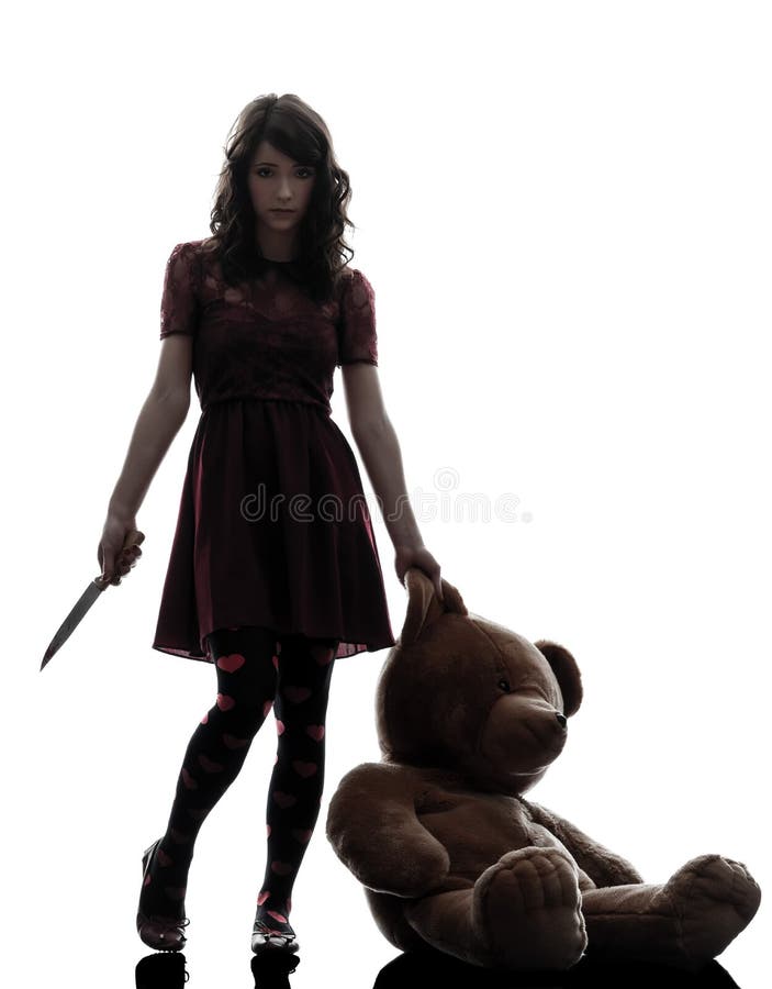 Strange young woman killer holding bloody knife silhouette