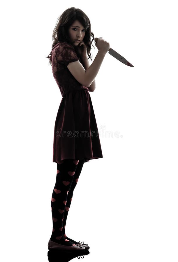 Strange young woman killer holding bloody knife silhouette