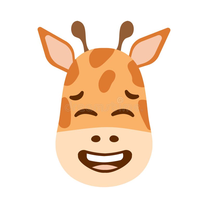 Strano viso di giraffa imbarazzato con occhi chiusi e un gran sorriso. Testa esotica di animale maculato Shy emoji illustrazione di stock