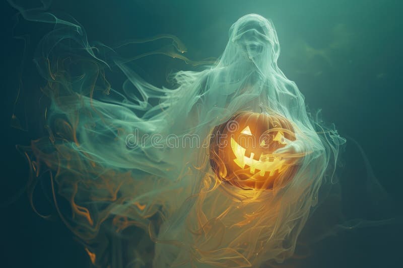Straszny duch halloween z świecącą dynią ai zdjęcia royalty free
