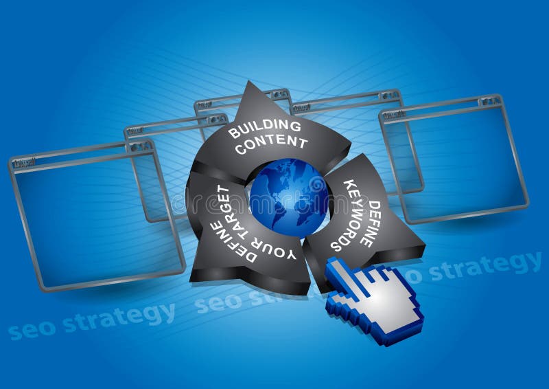 Seo strategy - communication concept with globe, application window and hand. Seo strategy - communication concept with globe, application window and hand