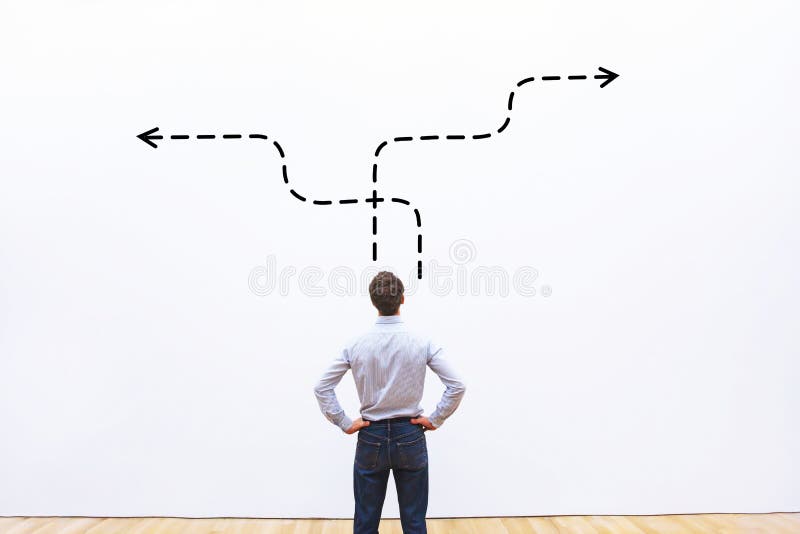 Business strategy or decision making concept, pensive businessman choosing direction. Business strategy or decision making concept, pensive businessman choosing direction
