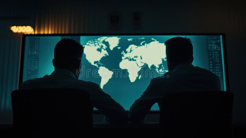 Strategia globală Doi analiști monitorizează datele hărții mondiale pe ecran mare în planificarea strategică a camerei întunecate royalty free stock photography