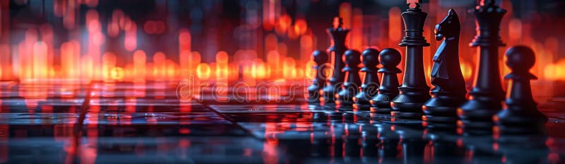 A Strategic Chessboard Battlefield Scene Featuring Dramatic and Stunning Lighting Effects stock photo