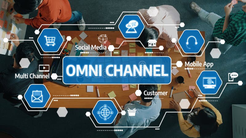Strategic Overview of Omni Channel Marketing with Diverse Elements and Engaged Team Collaboration in a Modern Workspace royalty free stock image