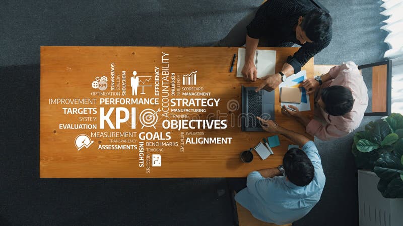 Strategic Planning Session Focused on KPIs and Performance Metrics for Business Growth and Objectives Achievement in a vector illustration