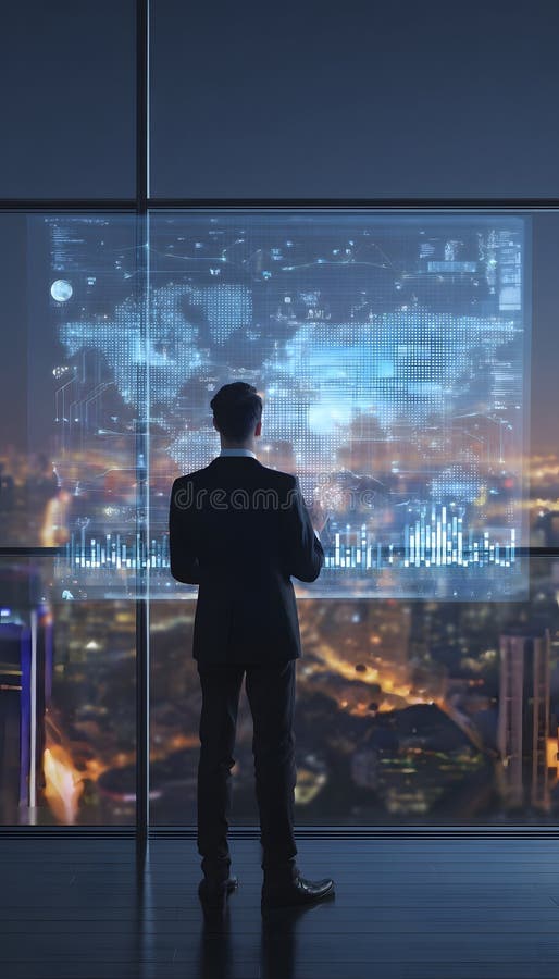 Strategic Vision Modern Businessman Analyzes Data Chart Overlooking City Skyline at Dusk royalty free illustration