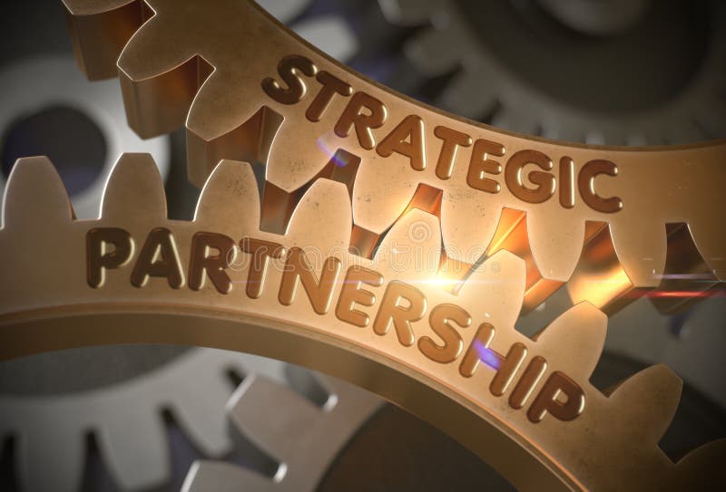 Strategiskt partnerskap på guld- kuggekugghjul illustration 3d
