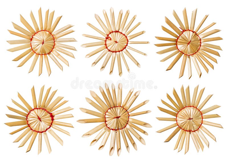 Straw Christmas Snowflake Toys uppsättning av den hemlagade stjärnan som isoleras royaltyfri bild Straw Christmas Snowflake Toys uppsättning av den hemlagade stjärnan som isoleras royaltyfri bild