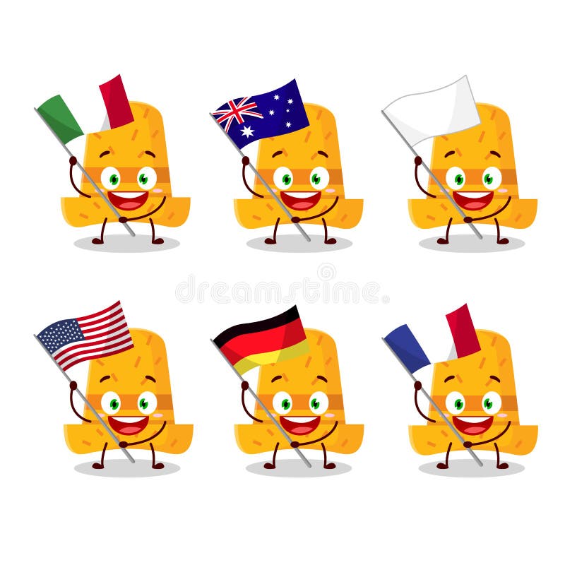 Straw Hat Cartoon Character Bring the Flags of Various Countries Stock