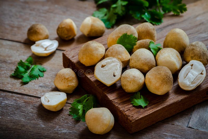 Straw mushroom on wooden board stock images