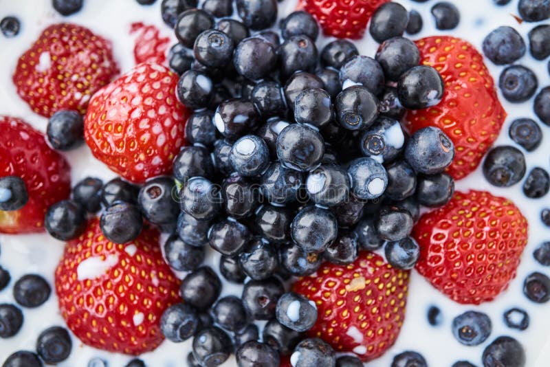 Strawberries, Blueberries and Milk in a White Bowl Stock Photo Image