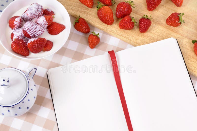 Strawberries cream background, recipe book, cookbook, copy space