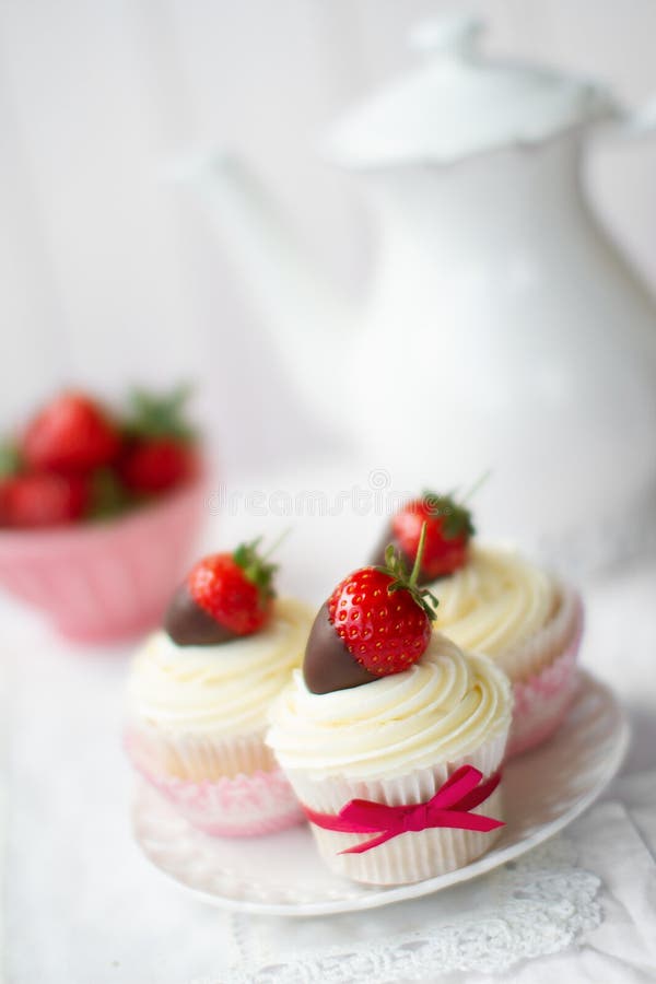 Strawberries and Cream Cupcakes for an Afternoon Tea Stock Image