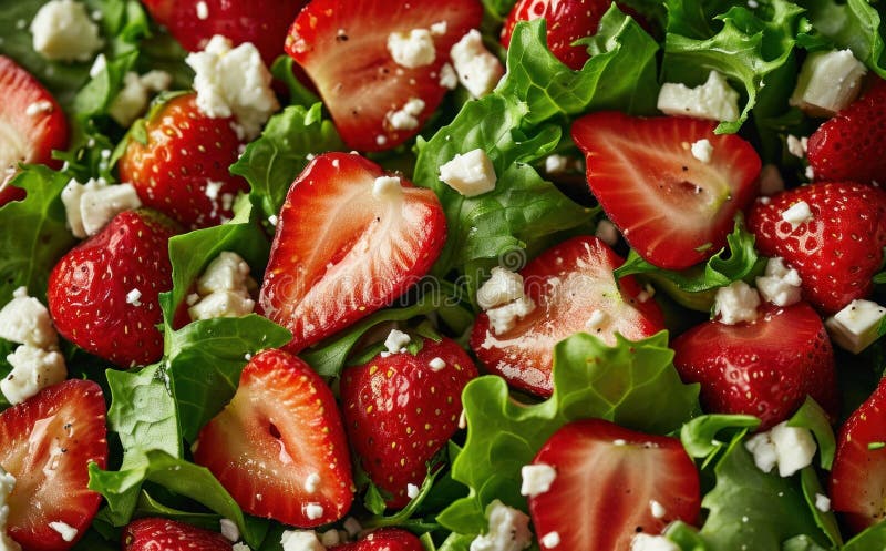 Strawberries and Feta are Topped with Green Salad Stock Image - Image