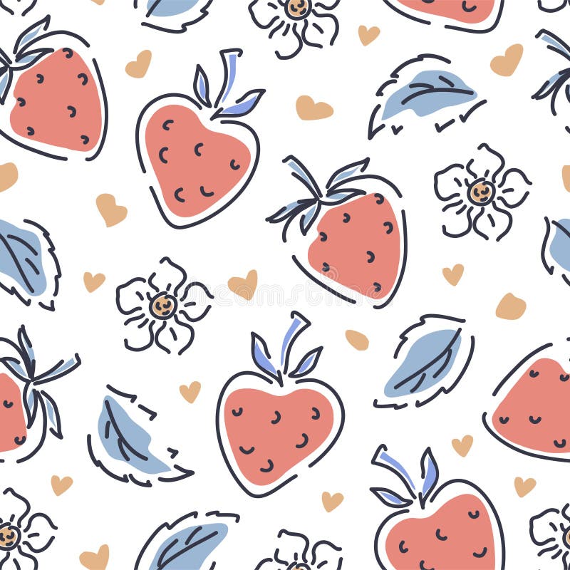 Strawberries, flowers, leaves and hearts seamless pattern on a white background. Vector illustration.