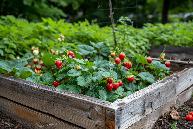 Strawberries Grow in the Garden in a Raised Bed Stock Illustration