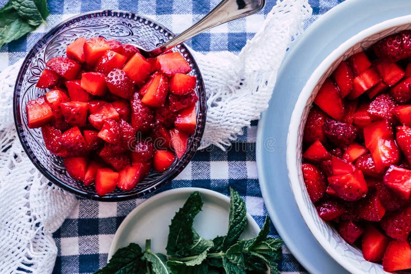 Strawberries with Sugar and Fresh Mint in a Bowl Stock Photo Image of
