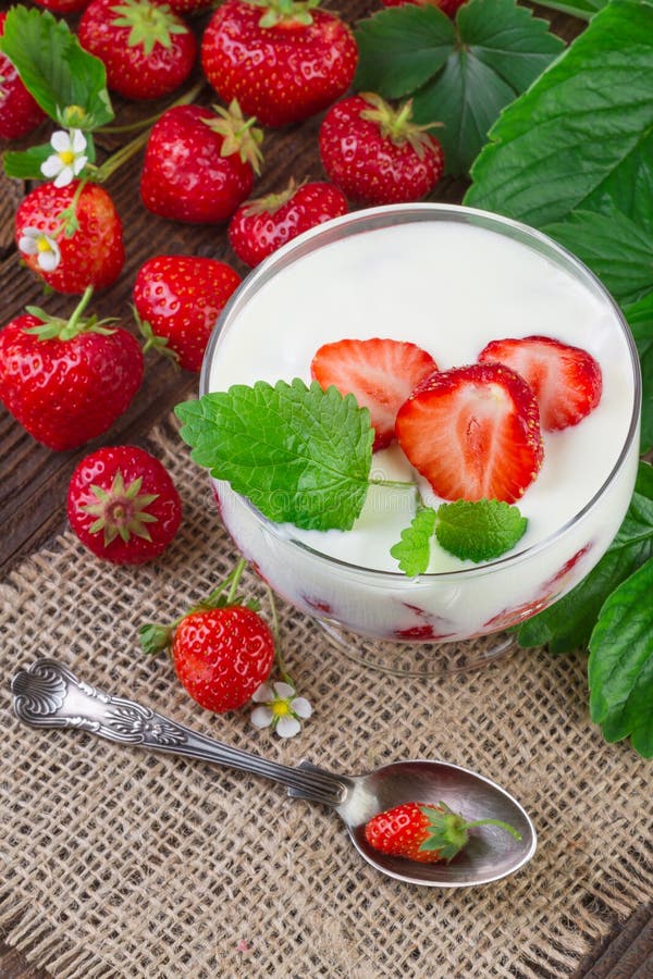 Strawberries Yogurt Dessert View from Above Stock Photo Image of