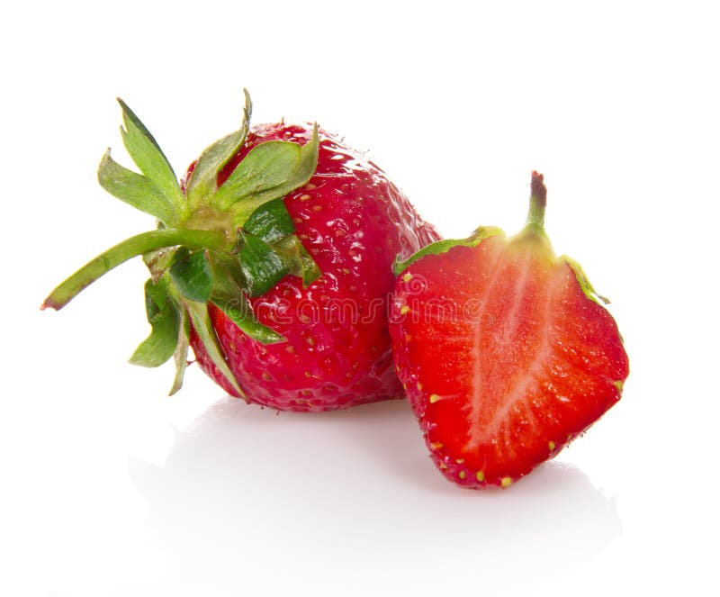 Strawberry Berry with Leaves and a Slice Stock Photo Image of green