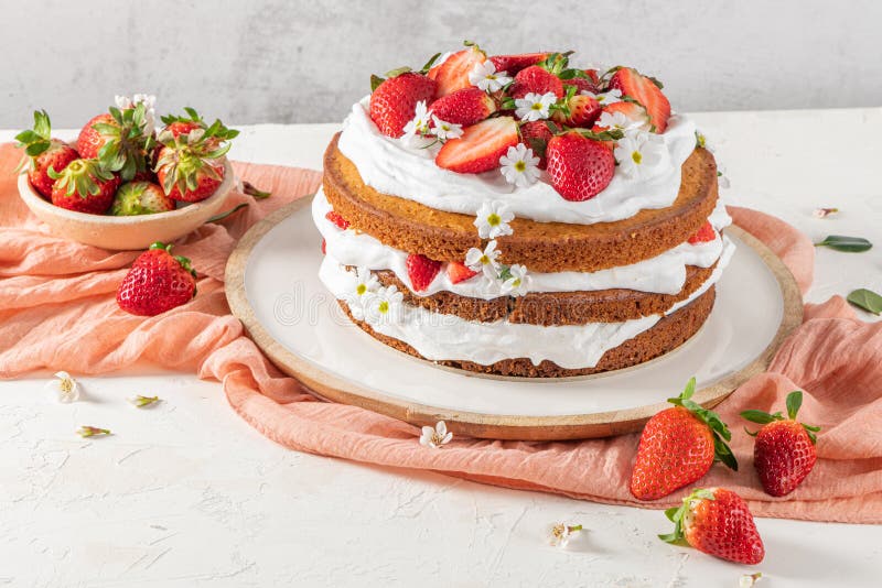 Strawberry cake, strawberry sponge cake with fresh strawberries and sour cream on a white background