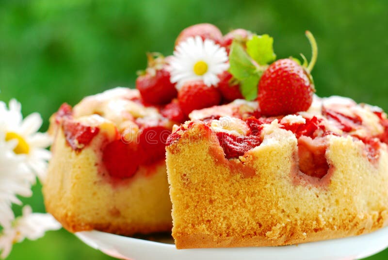 Strawberry sponge cake with fresh fruits decoration on table in the garden. Strawberry sponge cake with fresh fruits decoration on table in the garden