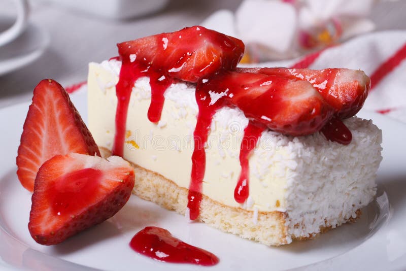 Strawberry cheesecake with coconut closeup