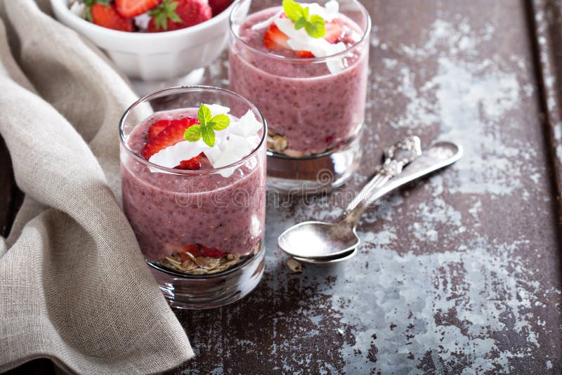 Strawberry Chia Pudding in Glasses Stock Image Image of omega