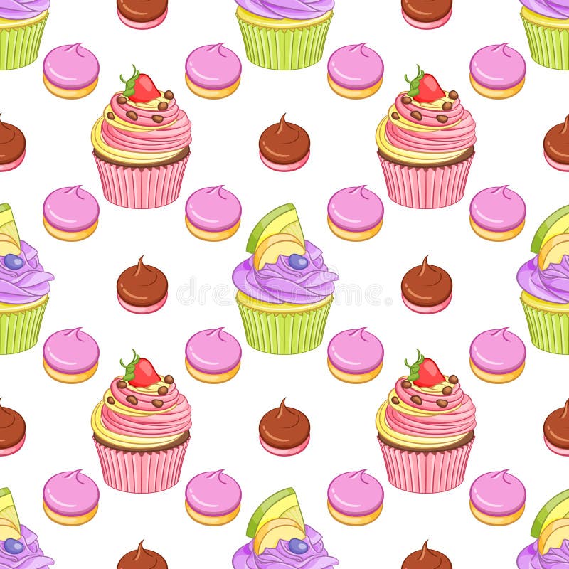 Strawberry chocolate and blueberry lemon cupcakes and meringues vector seamless pattern.