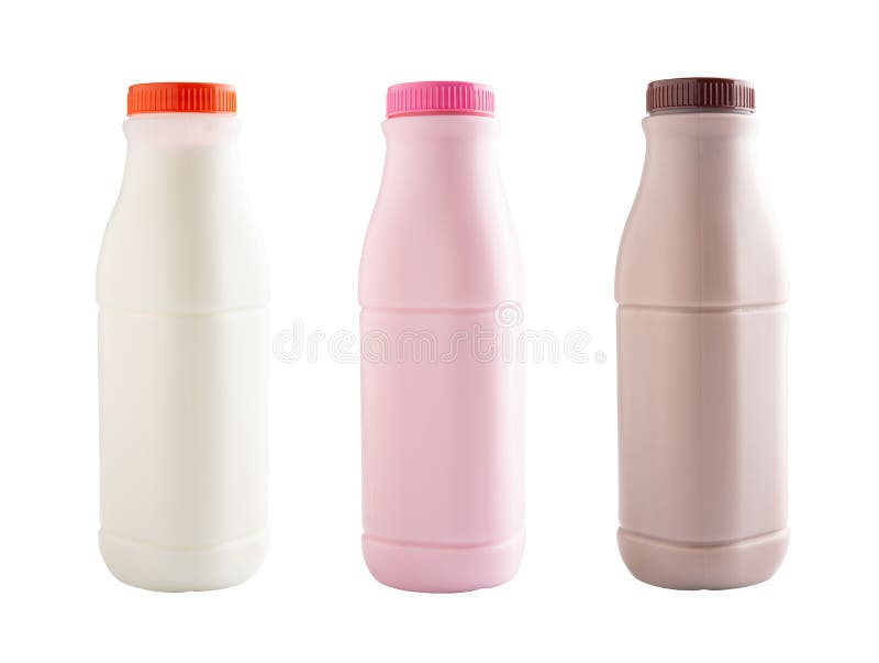 Strawberry, chocolate and fresh milk bottles isolated on white w