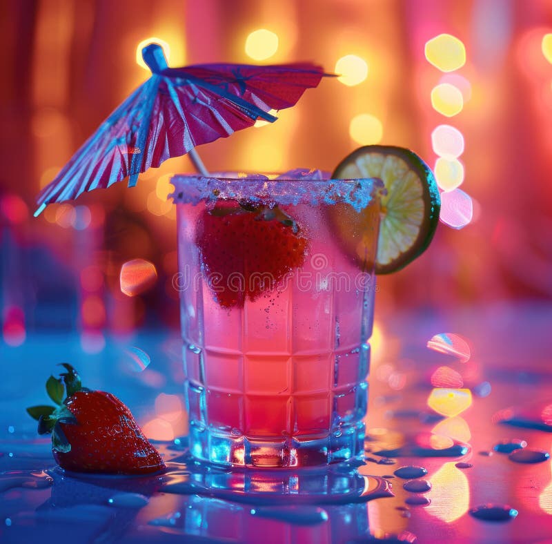 a strawberry cocktail with an umbrella and a lime