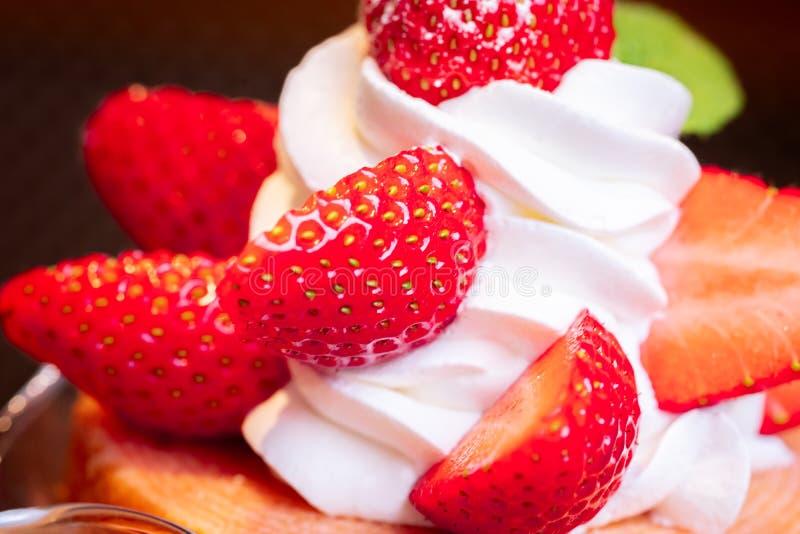 Strawberry on Cream cake for Japanese sweet Pastry tart on closed up macro shot