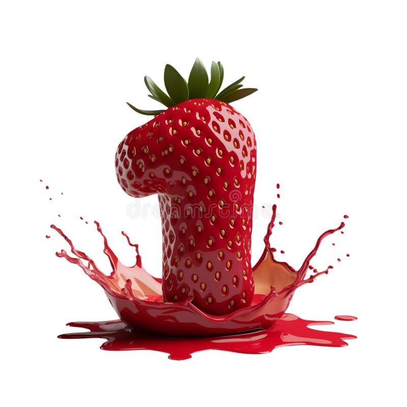 A strawberry creatively shaped like the number 1 is surrounded by a splash of red liquid vector illustration